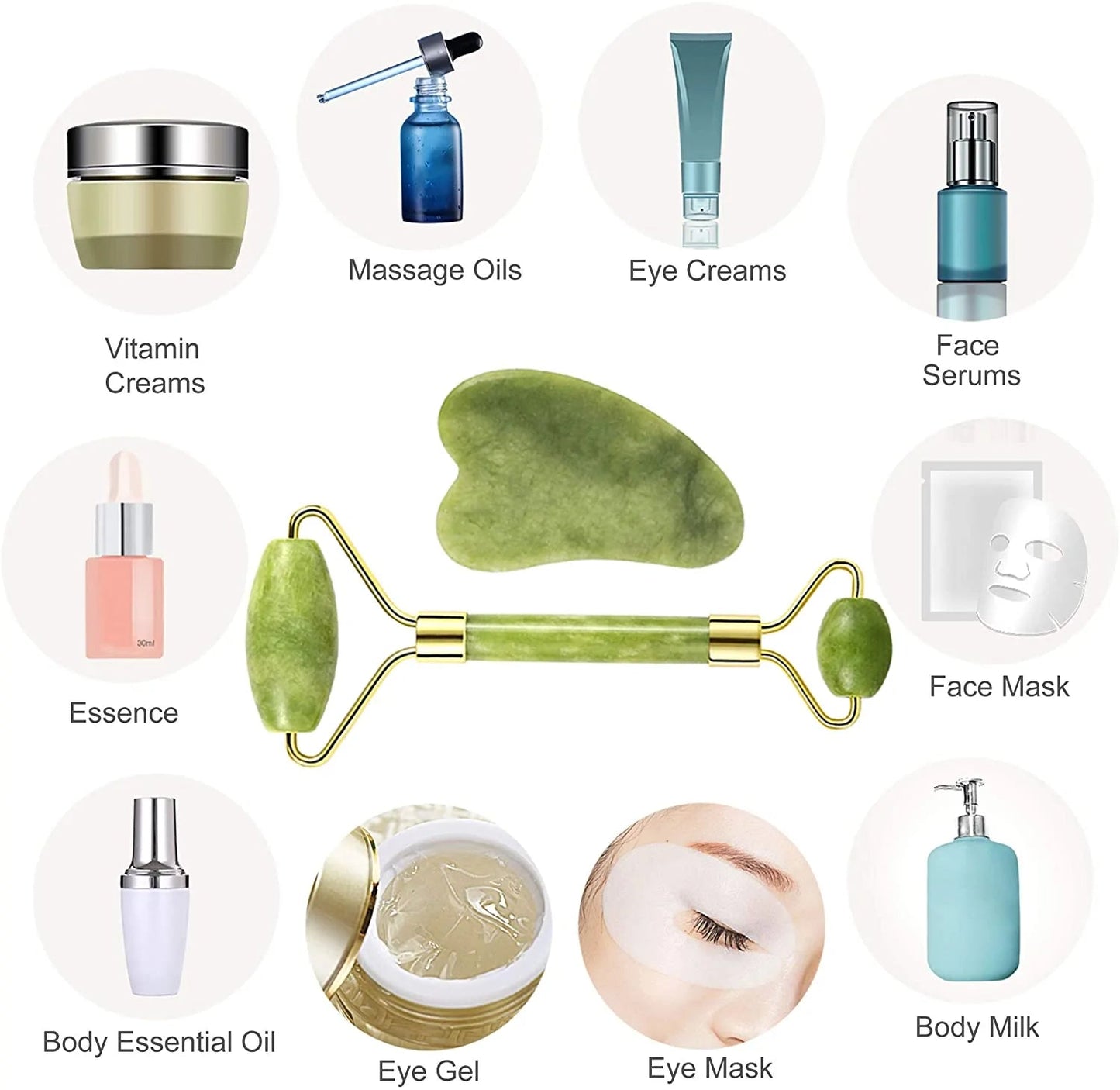 Natural Stone Jade Roller & Gua Sha Set for Facial Massage