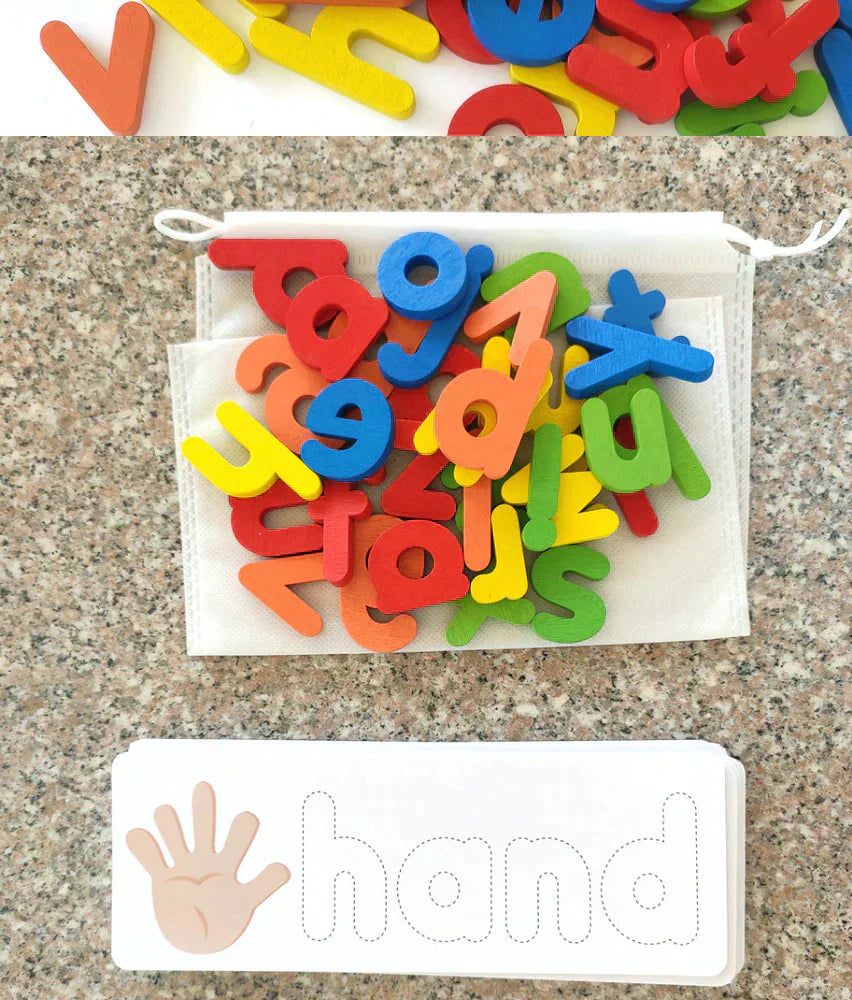 Kids Wooden Alphabets Spelling Learning Game + Free 4 Magic Practice Book Set