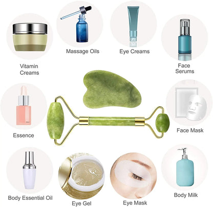 Natural Stone Jade Roller & Gua Sha Set for Facial Massage